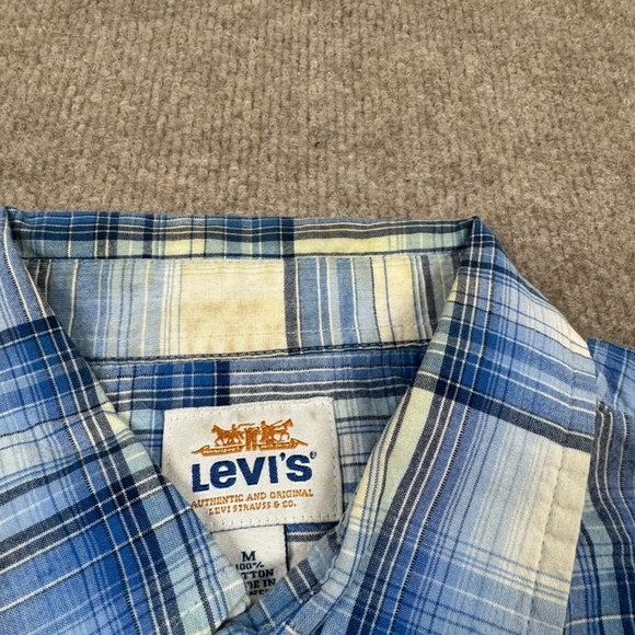 Levi's Mens M Shirt Blue Short Sleeve Button Up Plaid Wester Breathable Workwear - Picture 3 of 8